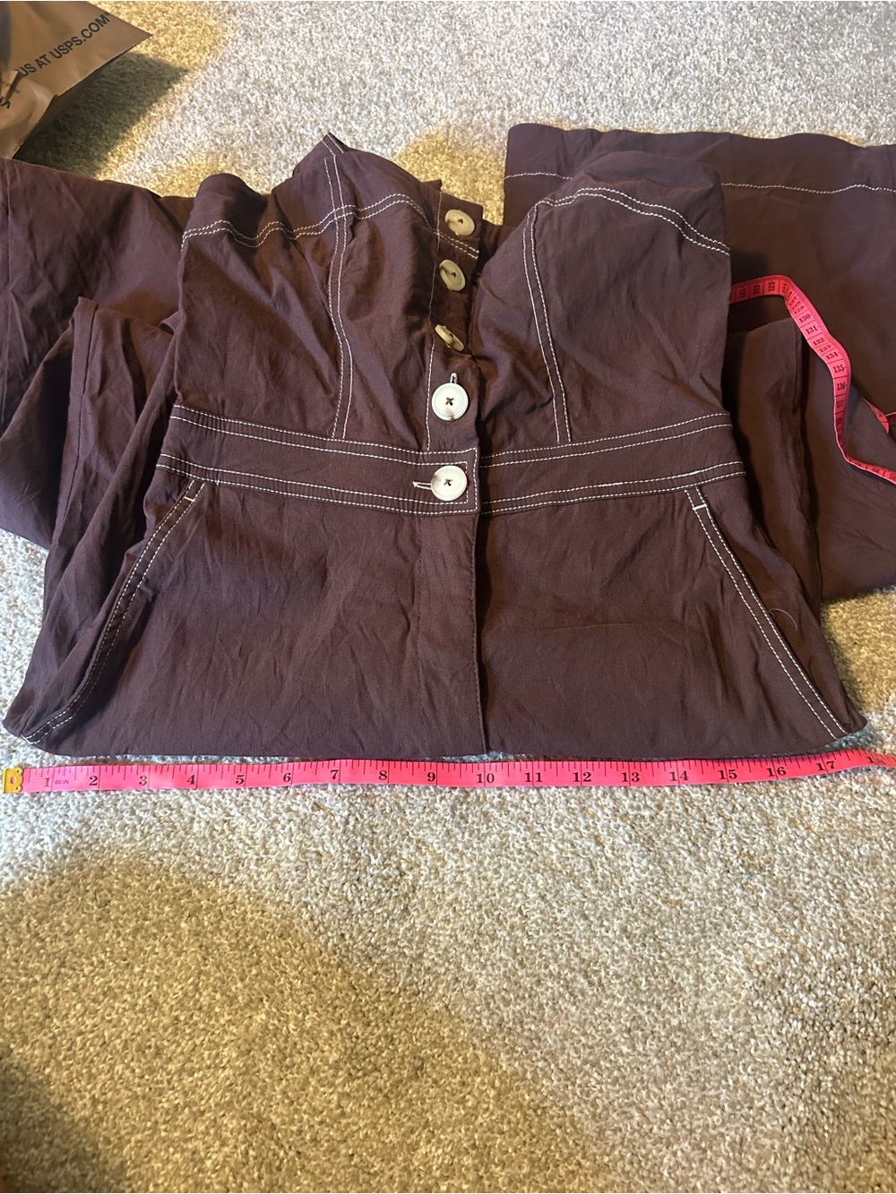 Maeve Anthropologie Colette Jumpsuit Brown Contrast Stitch Wide Leg Button ‎ 4 - Picture 9 of 9